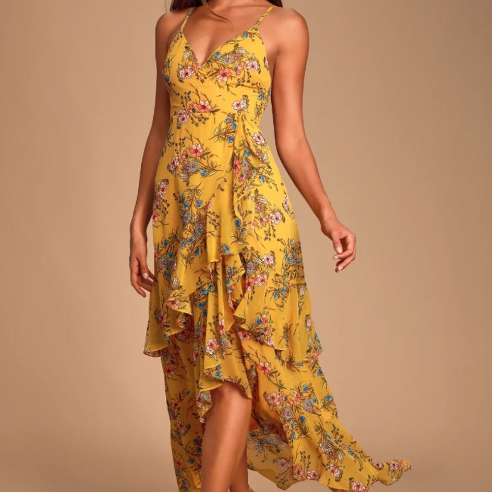 Lulus Yellow Floral Print Ruffled Maxi Dress - Small - NWT